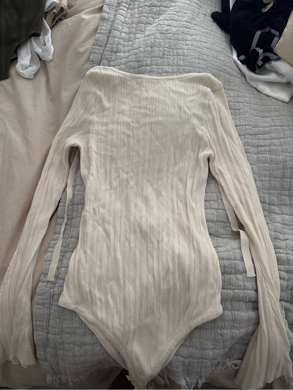 Princess Polly Ribbed Off-Shoulder Long Sleeve Bodysuit - Cream
